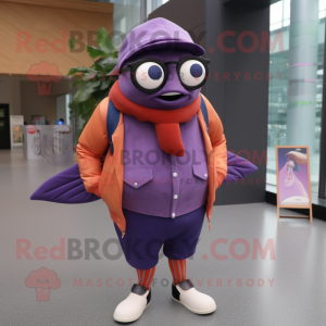 Purple Salmon mascot costume character dressed with a Leggings and Eyeglasses