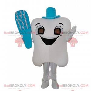 Witte tand mascotte met een tandenborstel, tandkostuum -