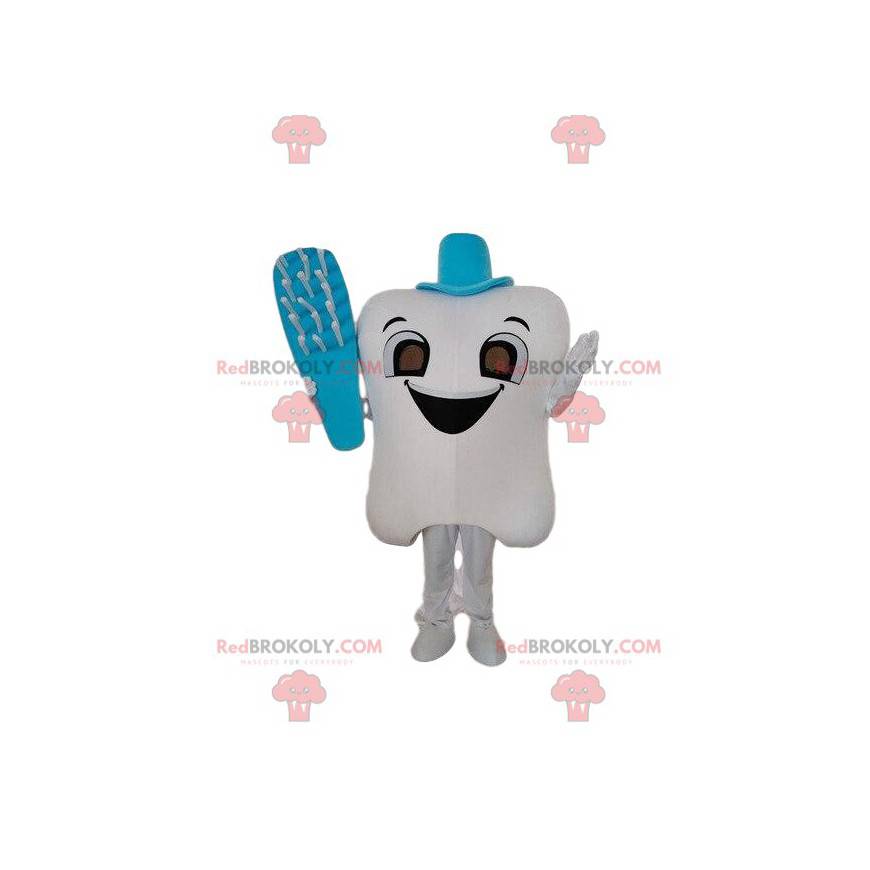 White tooth mascot with a toothbrush, tooth costume -
