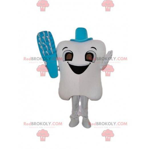 White tooth mascot with a toothbrush, tooth costume -