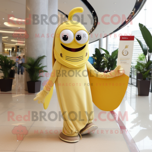 Gold Banana mascot costume character dressed with a Circle Skirt and Clutch bags