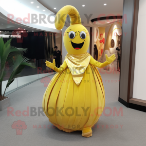 Gold Banana mascot costume character dressed with a Circle Skirt and Clutch bags
