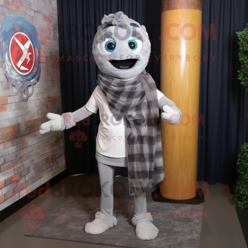 Gray Pizza mascot costume character dressed with a Oxford Shirt and Scarves