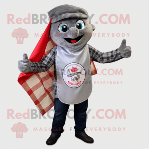 Gray Pizza mascot costume character dressed with a Oxford Shirt and Scarves