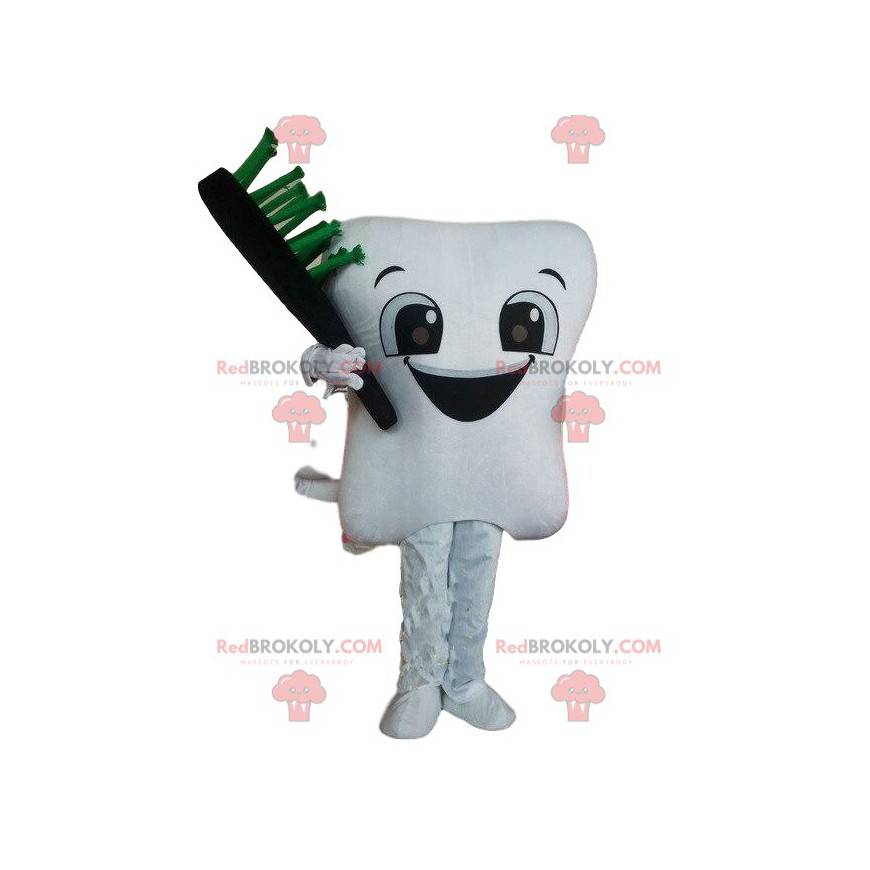 White tooth mascot with a toothbrush, giant tooth -