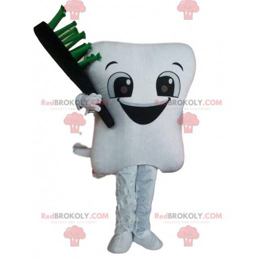 White tooth mascot with a toothbrush, giant tooth -