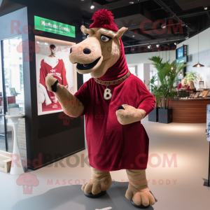 Maroon Camel mascot costume character dressed with a V-Neck Tee and Earrings