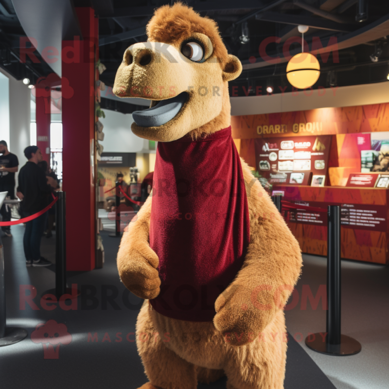 Maroon Camel mascot costume character dressed with a V-Neck Tee and Earrings