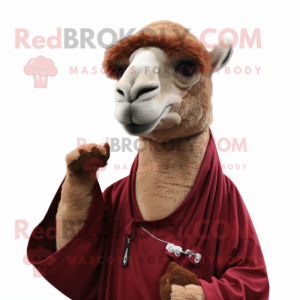 Maroon Camel mascot costume character dressed with a V-Neck Tee and Earrings