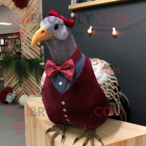 Maroon Guinea Fowl mascot costume character dressed with a Tank Top and Bow ties