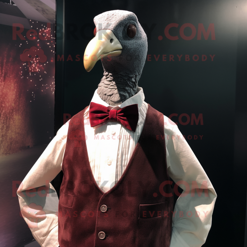 Maroon Guinea Fowl mascot costume character dressed with a Tank Top and Bow ties Maroon Guinea Fowl mascot costume character dressed with a Tank Top and Bow ties