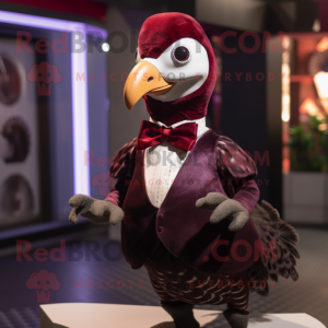 Maroon Guinea Fowl mascot costume character dressed with a Tank Top and Bow ties