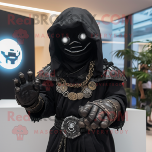 Black Samurai mascot costume character dressed with a Hoodie and Rings