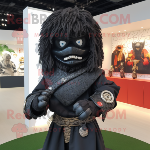 Black Samurai mascot costume character dressed with a Hoodie and Rings