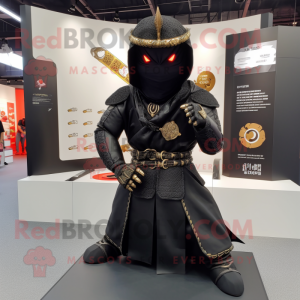 Black Samurai mascot costume character dressed with a Hoodie and Rings