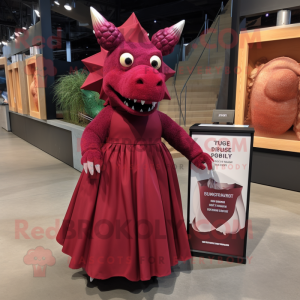 Maroon Stegosaurus mascot costume character dressed with a Evening Gown and Tote bags