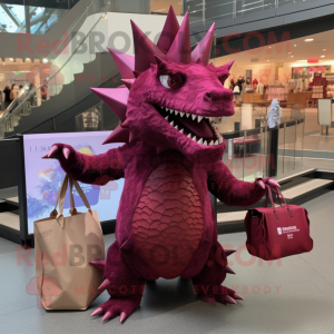 Maroon Stegosaurus mascot costume character dressed with a Evening Gown and Tote bags