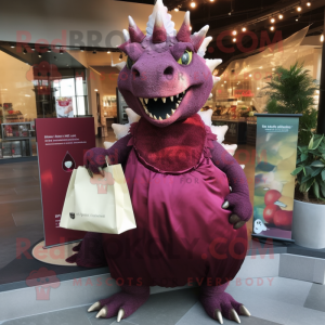 Maroon Stegosaurus mascot costume character dressed with a Evening Gown and Tote bags