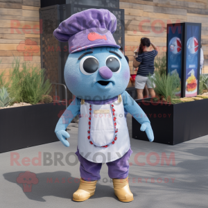 Lavender Fish Tacos mascot costume character dressed with a Denim Shorts and Berets