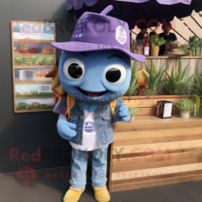Lavender Fish Tacos mascot costume character dressed with a Denim Shorts and Berets