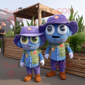 Lavender Fish Tacos mascot costume character dressed with a Denim Shorts and Berets