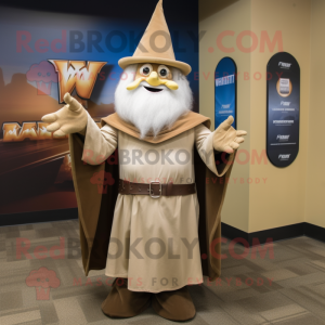 Tan Wizard mascot costume character dressed with a Empire Waist Dress and Lapel pins