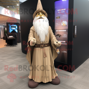Tan Wizard mascot costume character dressed with a Empire Waist Dress and Lapel pins