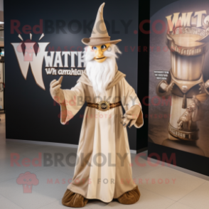 Tan Wizard mascot costume character dressed with a Empire Waist Dress and Lapel pins