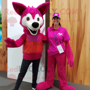Magenta Dingo mascot costume character dressed with a Blouse and Beanies