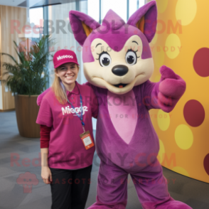 Magenta Dingo mascot costume character dressed with a Blouse and Beanies