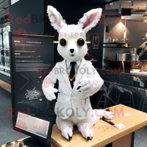 White Roe Deer mascot costume character dressed with a Suit and Hairpins