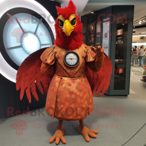 Rust Rooster mascot costume character dressed with a Circle Skirt and Cufflinks