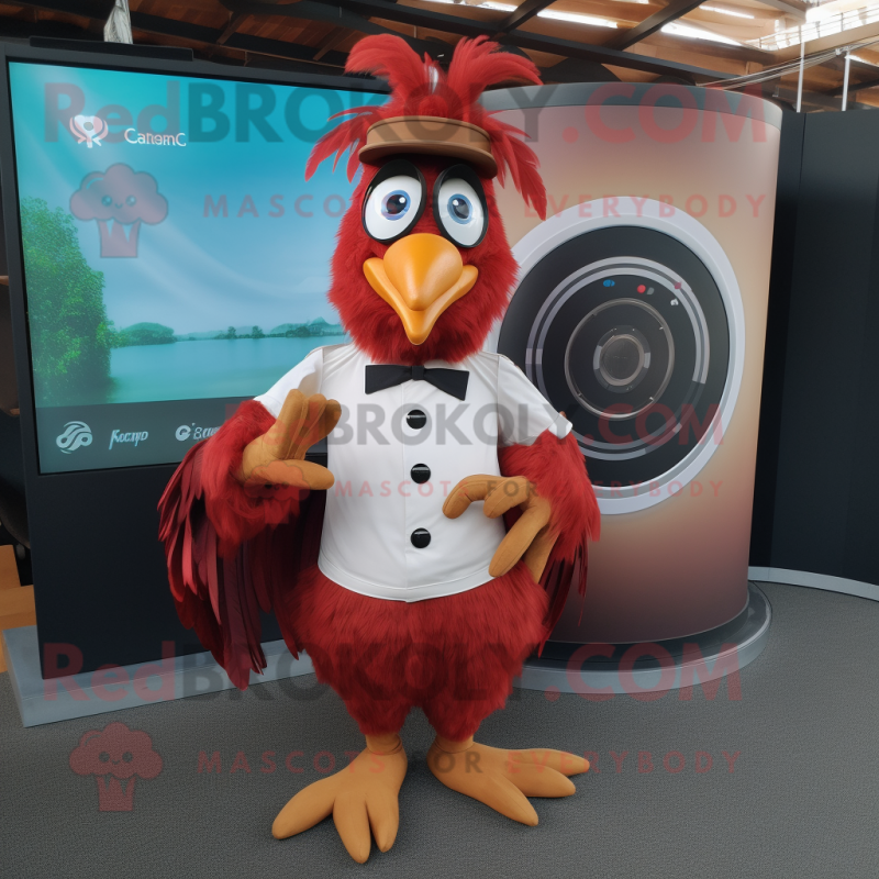 Rust Rooster mascot costume character dressed with a Circle Skirt and Cufflinks