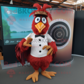Rust Rooster mascot costume character dressed with a Circle Skirt and Cufflinks