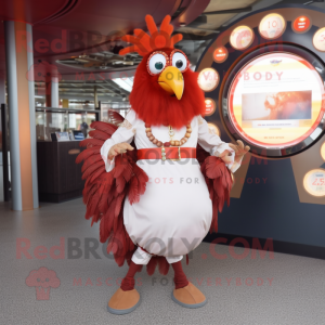 Rust Rooster mascot costume character dressed with a Circle Skirt and Cufflinks