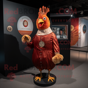 Rust Rooster mascot costume character dressed with a Circle Skirt and Cufflinks