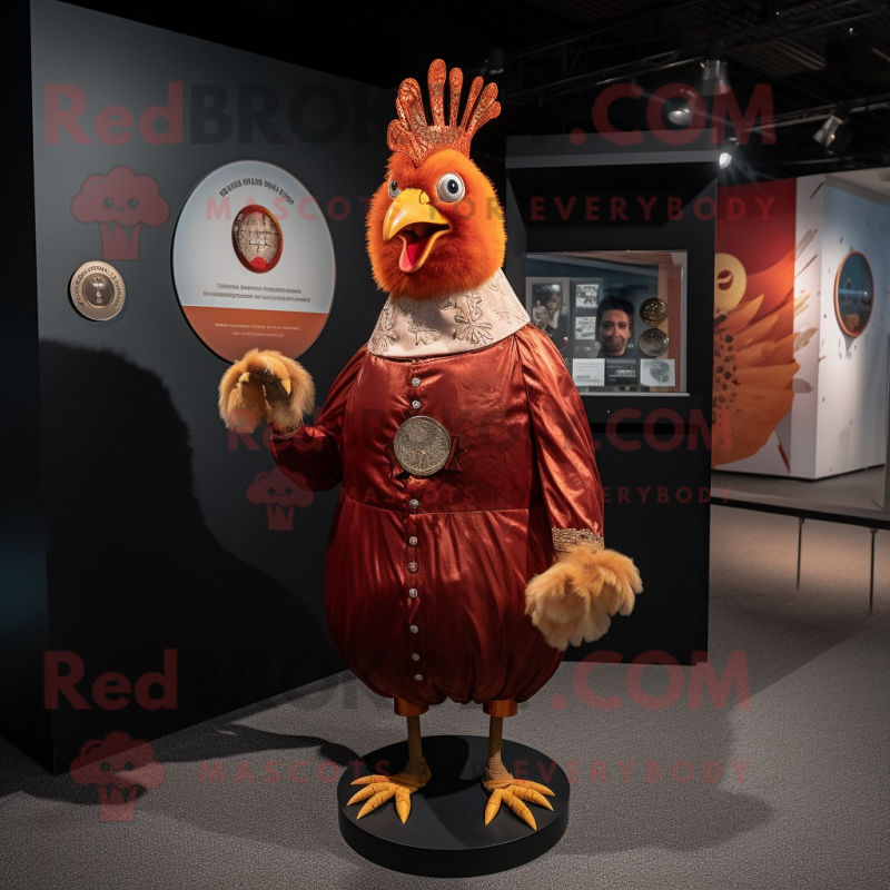 Rust Rooster mascot costume character dressed with a Circle Skirt and Cufflinks Rust Rooster mascot costume character dressed with a Circle Skirt and Cufflinks