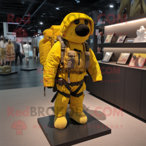 Yellow Special Air Service mascot costume character dressed with a Cargo Shorts and Messenger bags