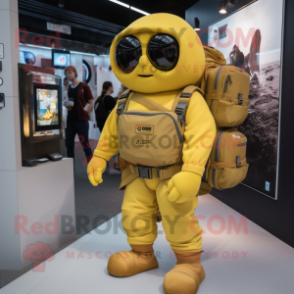 Yellow Special Air Service mascot costume character dressed with a Cargo Shorts and Messenger bags