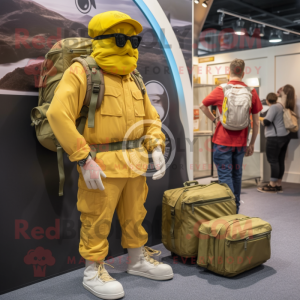 Yellow Special Air Service mascot costume character dressed with a Cargo Shorts and Messenger bags