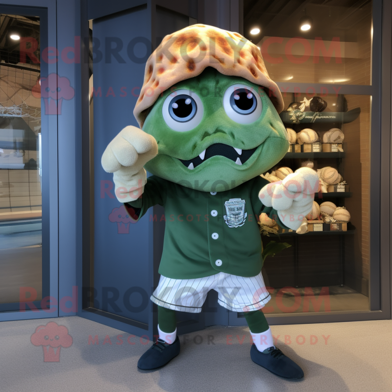 Olive Fried Calamari mascot costume character dressed with a Baseball Tee and Foot pads Olive Fried Calamari mascot costume character dressed with a Baseball Tee and Foot pads