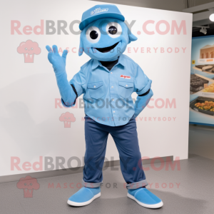 Sky Blue Cod mascot costume character dressed with a Oxford Shirt and Caps