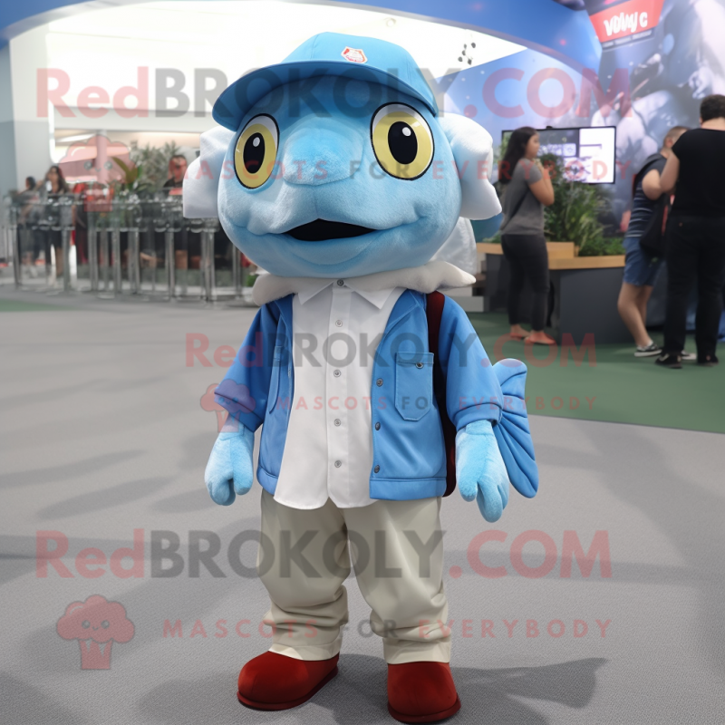 Sky Blue Cod mascot costume character dressed with a Oxford Shirt and Caps Sky Blue Cod mascot costume character dressed with a Oxford Shirt and Caps