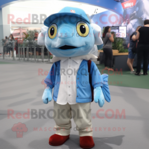 Sky Blue Cod mascot costume character dressed with a Oxford Shirt and Caps