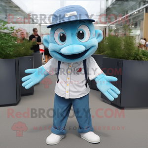 Sky Blue Cod mascot costume character dressed with a Oxford Shirt and Caps