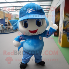 Sky Blue Cod mascot costume character dressed with a Oxford Shirt and Caps