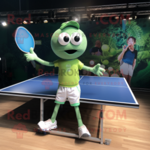 Green Ping Pong Table mascot costume character dressed with a Denim Shorts and Smartwatches