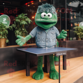 Green Ping Pong Table mascot costume character dressed with a Denim Shorts and Smartwatches