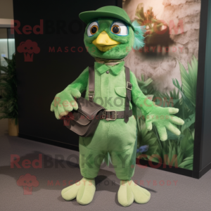 Green Archeopteryx mascot costume character dressed with a Overalls and Belts