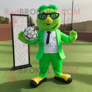 Lime Green Soccer Goal mascot costume character dressed with a Suit Jacket and Reading glasses